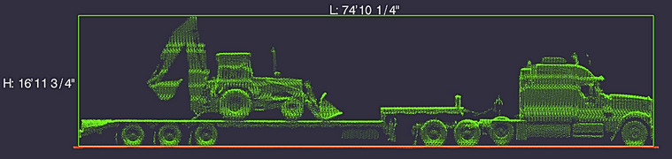 Falcon LiDAR point cloud showing the full measured height of 16 feet 11.75 inches and length of 74 feet 10.25 inches for the over-height vehicle