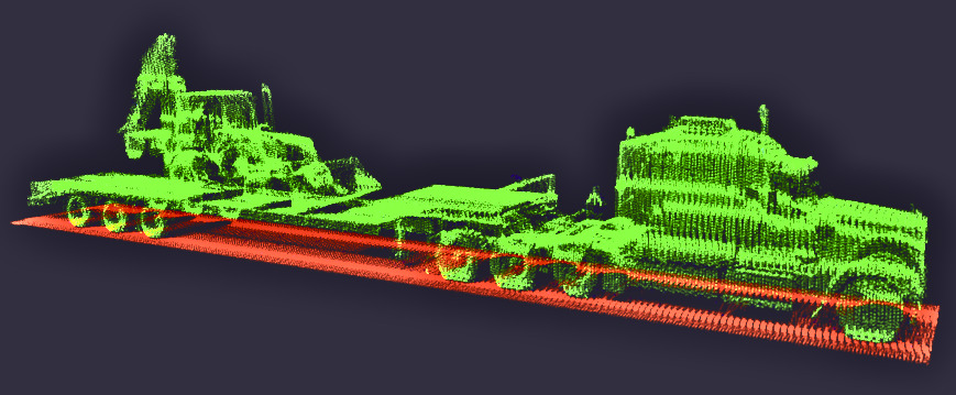 Isometric 3D LiDAR point cloud of the flatbed truck and end loader showing the raised loader arm