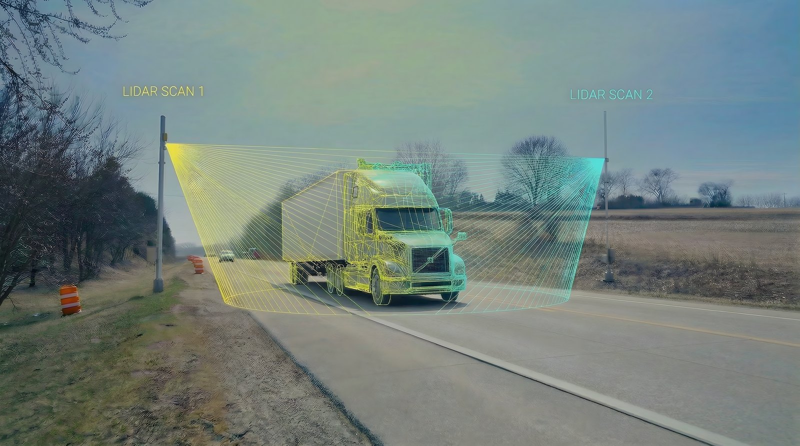 Two HawkScan LiDAR sensors scanning a truck from opposing roadside positions, resolving a complete 3D wireframe of the vehicle including width