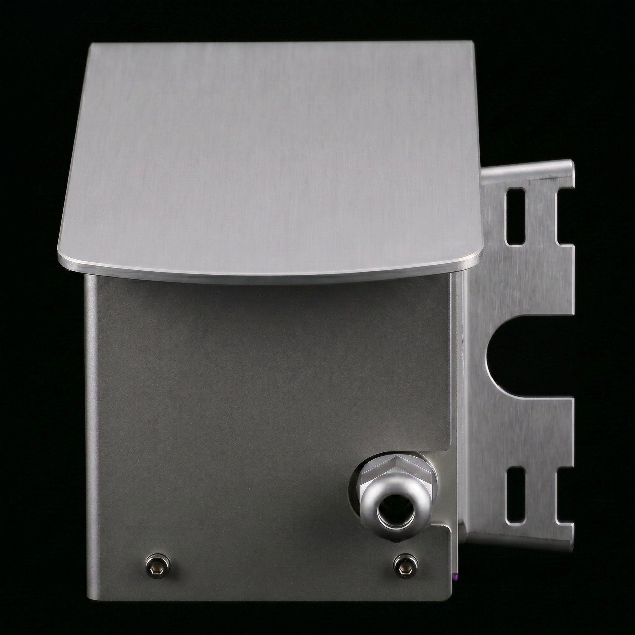Kestrel sensor unit, rear view of the sealed stainless enclosure with mounting bracket