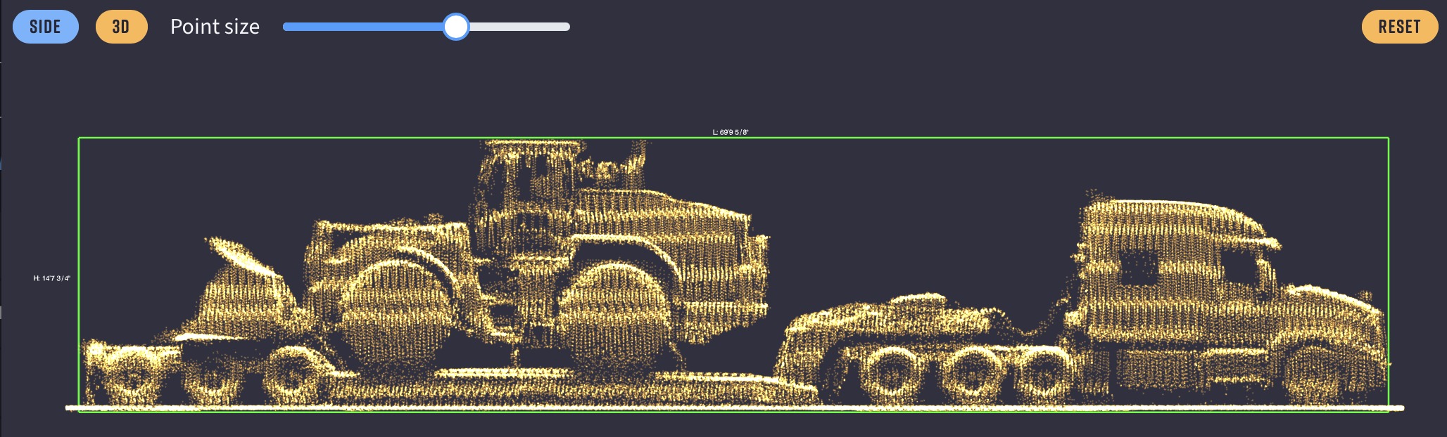 Side-view LiDAR point cloud of a loaded tractor-trailer with a real-time height and length measurement overlay